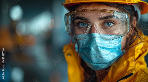 Obraz Female construction worker in a yellow rain jacket, hard hat, safety goggles, and face mask, highlighting workplace safety, health, and protection in challenging conditions.  

