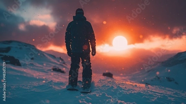 Obraz Silhouette of skier at sunset in snowy mountains