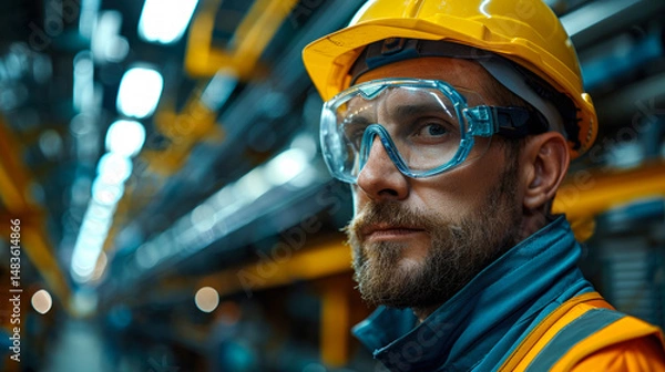 Obraz Portrait of a focused industrial worker wearing a yellow hard hat and protective goggles in a modern factory, emphasizing safety and health at work.  
