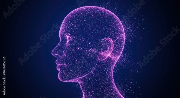 Fototapeta Digital rendering of a human head and shoulders in a dark blue space.