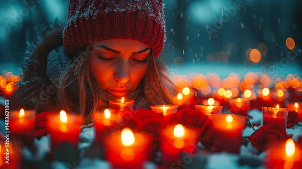 Obraz Young woman surrounded by glowing candles and red roses in a snowy setting, symbolizing reflection, remembrance, and honoring lost loved ones.  
