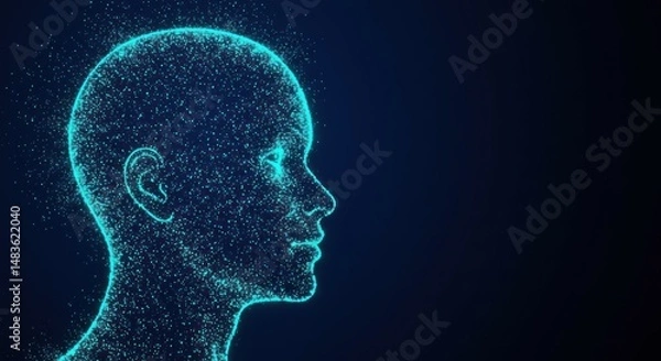 Fototapeta Digital human head outline composed of glowing dots against a dark background.
