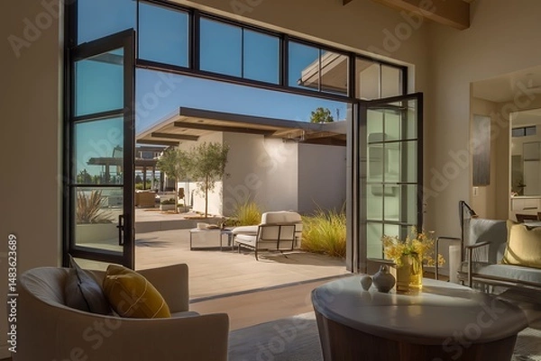 Fototapeta Single-family home with a living room captured in natural daylight, showing modern architecture, detailed textures, and clean surroundings.