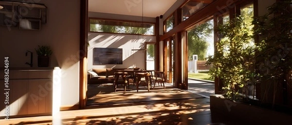 Fototapeta Single-family home with a living room captured in natural daylight, showing modern architecture, detailed textures, and clean surroundings.