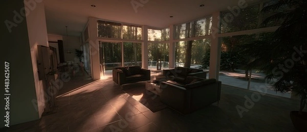 Fototapeta Single-family home with a living room captured in soft ambient lighting, showing modern architecture, detailed textures, and clean surroundings.