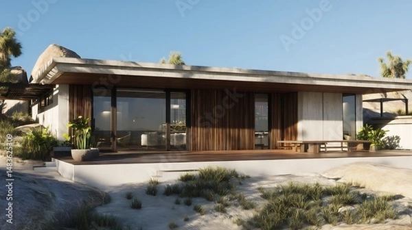 Fototapeta Single-family home with a living room captured in sunny morning light, showing modern architecture, detailed textures, and clean surroundings.