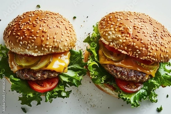 Fototapeta Two delicious burgers close-up with juicy cutlet, lettuce, cheese and tomatoes between buns with sesame seeds on white background