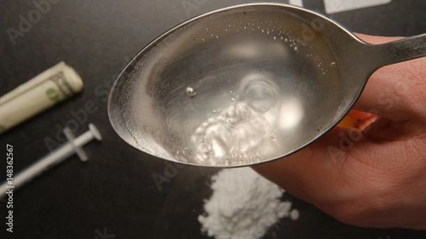 Fototapeta TOP VIEW: Drugs - Heating a heroin in the spoon
