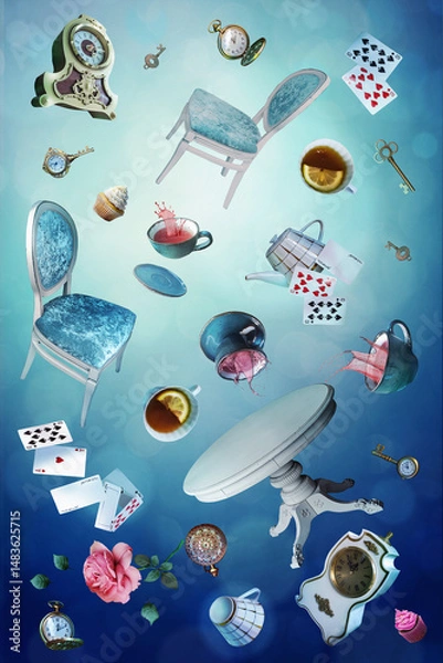 Fototapeta Wonderland background. Mad tea party.Playing cards, pocket watch, key, cup and teapot falling down the rabbit hole