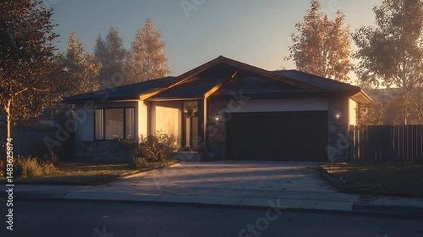 Fototapeta Single-family home with a living room captured in golden hour glow, showing modern architecture, detailed textures, and clean surroundings.