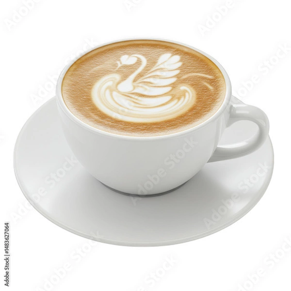 Fototapeta Latte Art Swan Coffee Cup on Saucer Isolated on Transparent Background