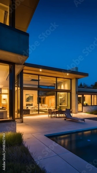 Fototapeta Single-family home with a patio captured in twilight atmosphere, showing modern architecture, detailed textures, and clean surroundings.