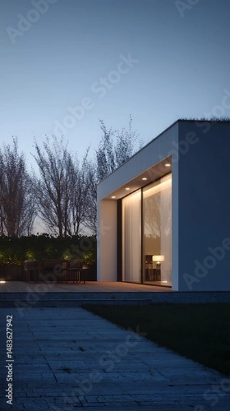 Fototapeta Single-family home with a patio captured in twilight atmosphere, showing modern architecture, detailed textures, and clean surroundings.
