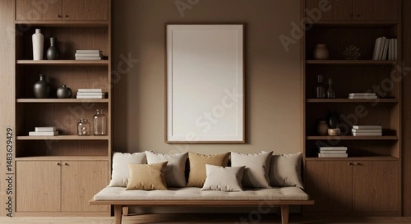 Fototapeta Living room interior with sofa pillows shelves and blank frame mockup.