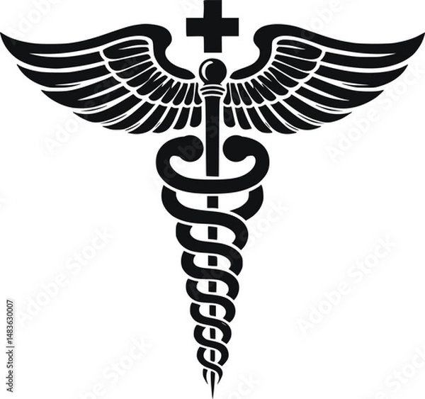 Fototapeta Caduceus Medical Symbol – Black and White Vector Illustration of Winged Staff with Snakes

