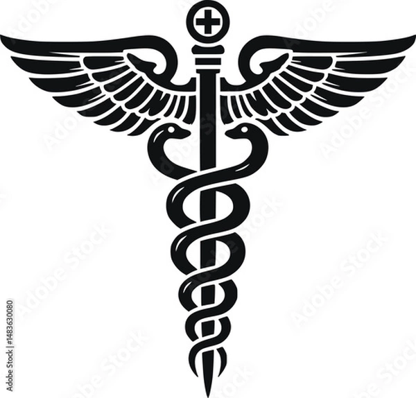 Fototapeta Caduceus Medical Symbol – Black and White Vector Illustration of Winged Staff with Snakes

