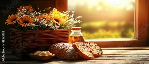 Fototapeta Rustic breakfast scene with bread, flowers, and window view