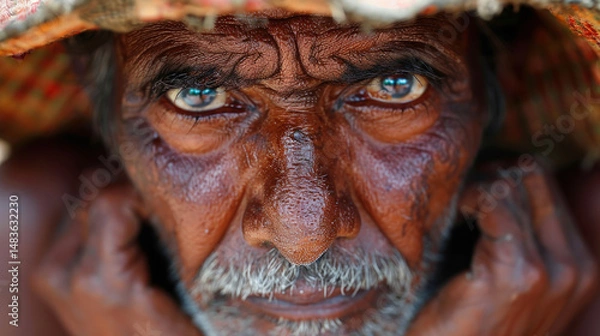 Obraz Close-up portrait of an elderly man with deep wrinkles and intense eyes, wearing a woven hat, reflecting wisdom, resilience, and life experience.  
