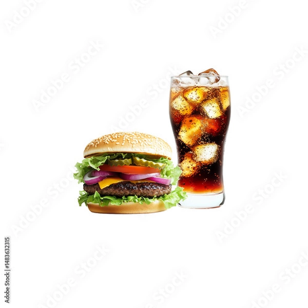 Obraz Juicy Cheeseburger and Refreshing Iced Cola: A Classic American Fast Food Combo, Isolated on Transparent Background