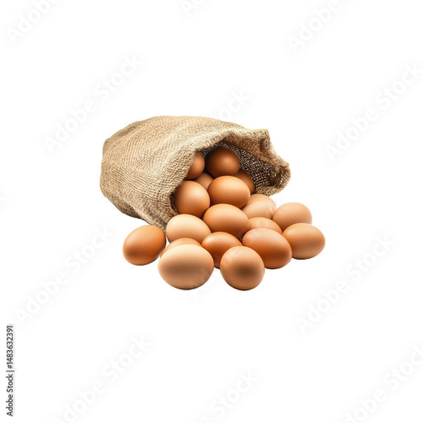Obraz Fresh Brown Chicken Eggs in Burlap Sack, Isolated, No Background: High-Resolution Image for Culinary, Farm, and Agriculture Designs