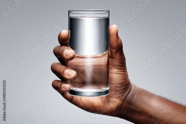 Fototapeta African Hand Holding Glass of Water in Studio Setting for Health and Wellness Concepts with Gray Background