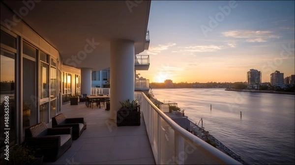 Fototapeta Waterfront property with a balcony captured in soft ambient lighting, showing modern architecture, detailed textures, and clean surroundings.