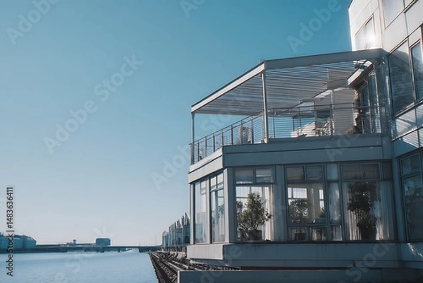Fototapeta Waterfront property with a balcony captured in sunny morning light, showing modern architecture, detailed textures, and clean surroundings.