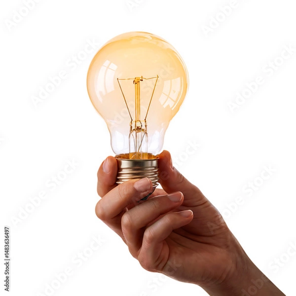 Obraz Human hand holding yellow bulb isolated on transparent background