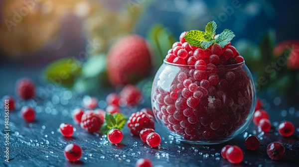 Obraz Fresh red berries in a glass bowl on a dark background, surrounded by scattered berries and mint leaves, creating a vibrant, healthy scene.  
