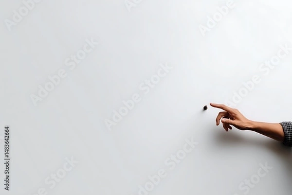 Fototapeta A hand pointing at a single coffee bean on a minimalist white background, suggesting focus and precision.