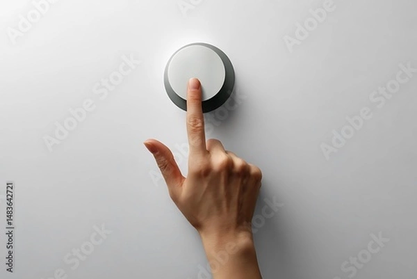 Fototapeta A hand presses a large, round button against a simple gray background, activating or controlling a process.