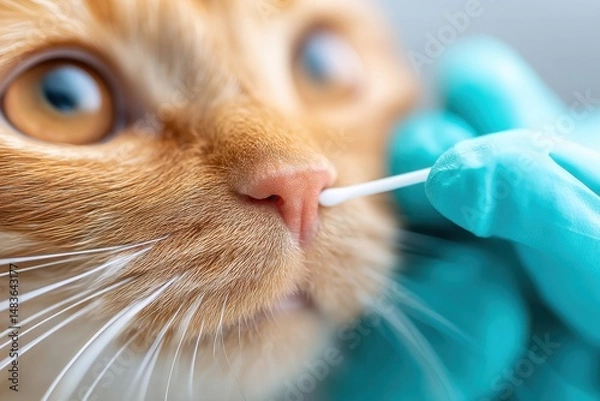 Fototapeta Close-up of veterinarian taking sample from ginger tabby cat with cotton swab for diagnostic testing in clinic