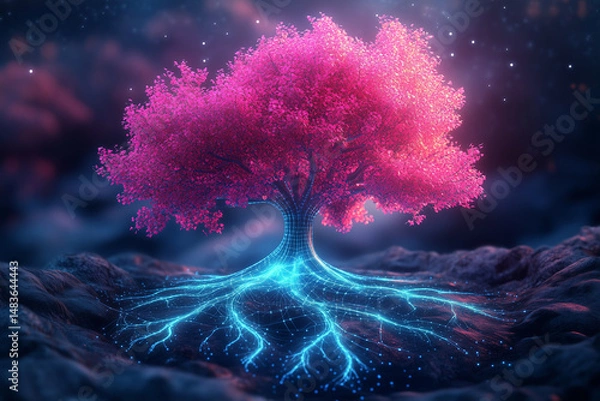 Obraz Majestic glowing tree roots with neural connections, teal and blue underground scene, minimalist pink crown, conceptual digital art