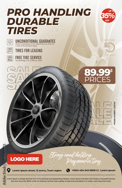 Fototapeta Tyres advertisement poster on light background. Web design. Promotion. 
