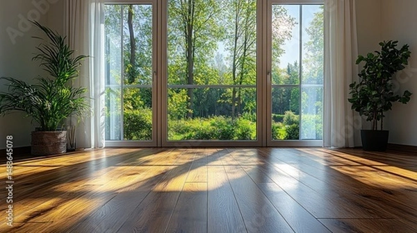 Obraz Sunlight streams through large windows onto hardwood floors, showcasing a peaceful garden view.  Spacious and bright interior