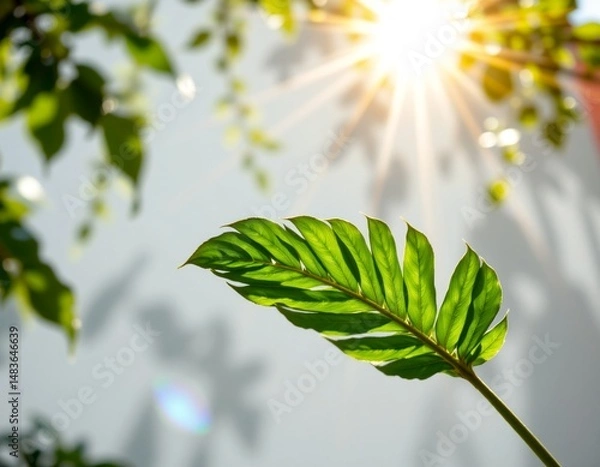 Obraz a close up view of a large leaf with prominent veins against a blurred background of a sunlit outdoor setting