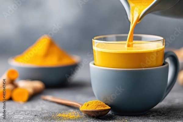 Fototapeta Golden Milk Pouring into Glass Cup with Turmeric Root and Powdered Spice Preparation on Textured Surface