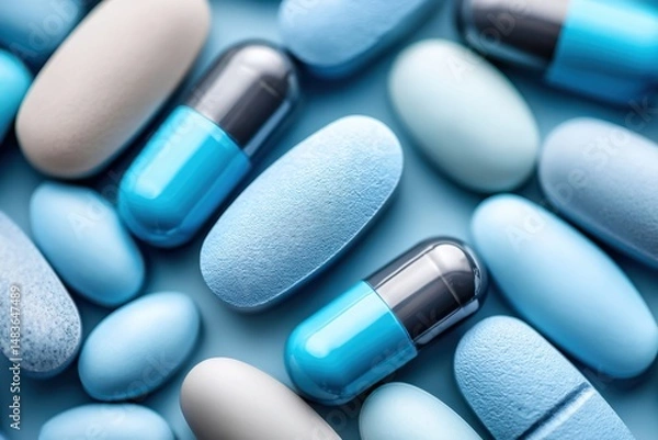 Fototapeta Macro View of Various Blue Pills and Capsules in Detailed Close-Up on Light Blue Surface for Healthcare Industry