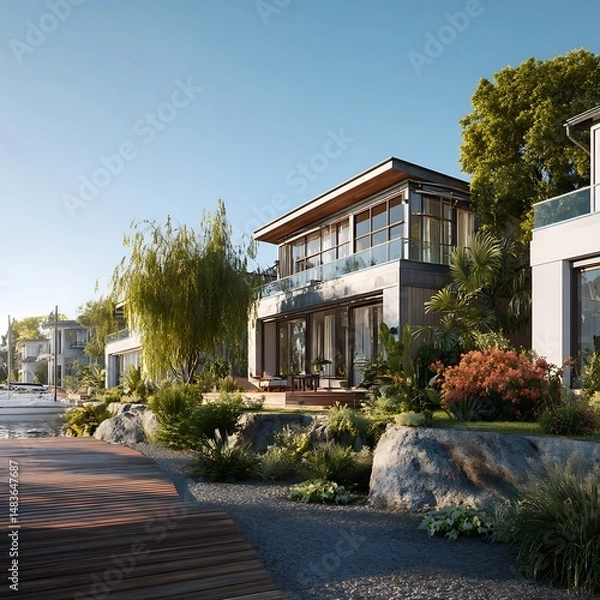 Fototapeta Waterfront property with a garden captured in sunny morning light, showing modern architecture, detailed textures, and clean surroundings.