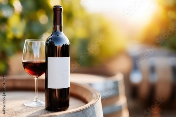 Fototapeta Elegant red wine bottle with blank label next to a filled glass resting atop an aged barrel with vineyard backdrop
