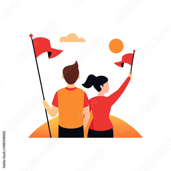 Obraz couple watching sunset holding flags on transparent background
