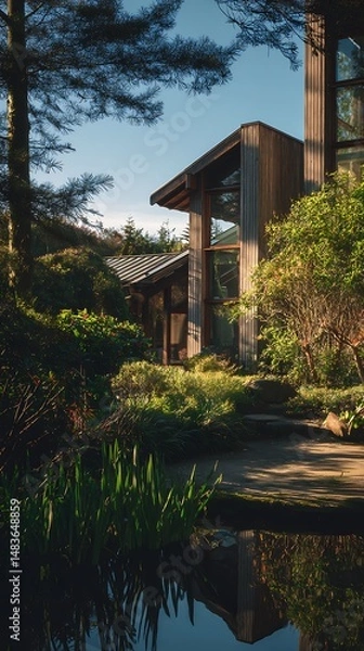 Fototapeta Waterfront property with a garden captured in sunny morning light, showing modern architecture, detailed textures, and clean surroundings.