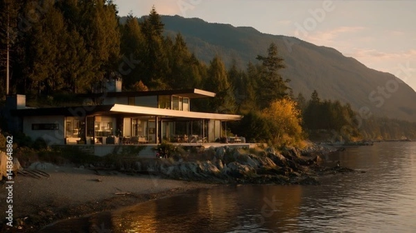 Fototapeta Waterfront property with a kitchen captured in golden hour glow, showing modern architecture, detailed textures, and clean surroundings.