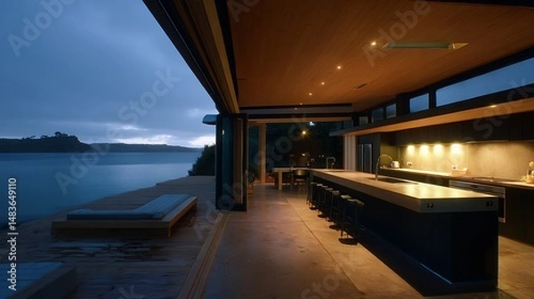 Fototapeta Waterfront property with a kitchen captured in twilight atmosphere, showing modern architecture, detailed textures, and clean surroundings.