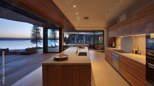 Fototapeta Waterfront property with a kitchen captured in twilight atmosphere, showing modern architecture, detailed textures, and clean surroundings.