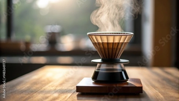 Fototapeta Minimalist Coffee Shop with Wooden Furniture and Soft Lighting Concept, Brewing coffee with steam rising in a minimalist kitchen setting.