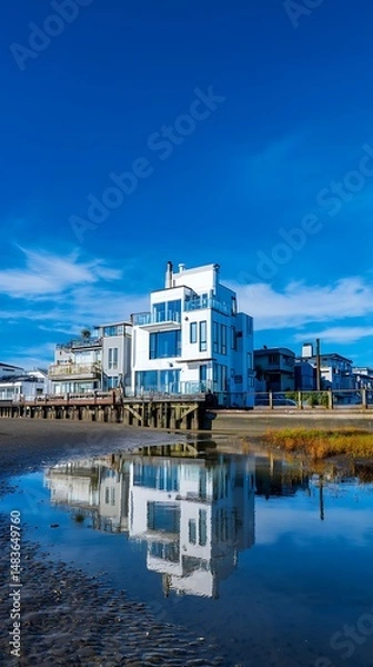 Fototapeta Waterfront property with a kitchen captured in clear blue sky, showing modern architecture, detailed textures, and clean surroundings.