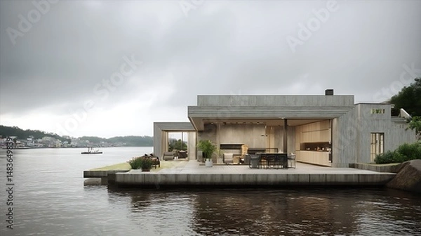 Fototapeta Waterfront property with a kitchen captured in overcast sky, showing modern architecture, detailed textures, and clean surroundings.