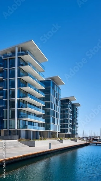 Fototapeta Waterfront property with a kitchen captured in clear blue sky, showing modern architecture, detailed textures, and clean surroundings.