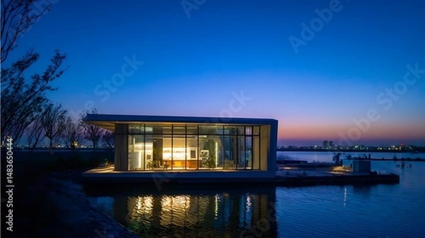 Fototapeta Waterfront property with a kitchen captured in twilight atmosphere, showing modern architecture, detailed textures, and clean surroundings.